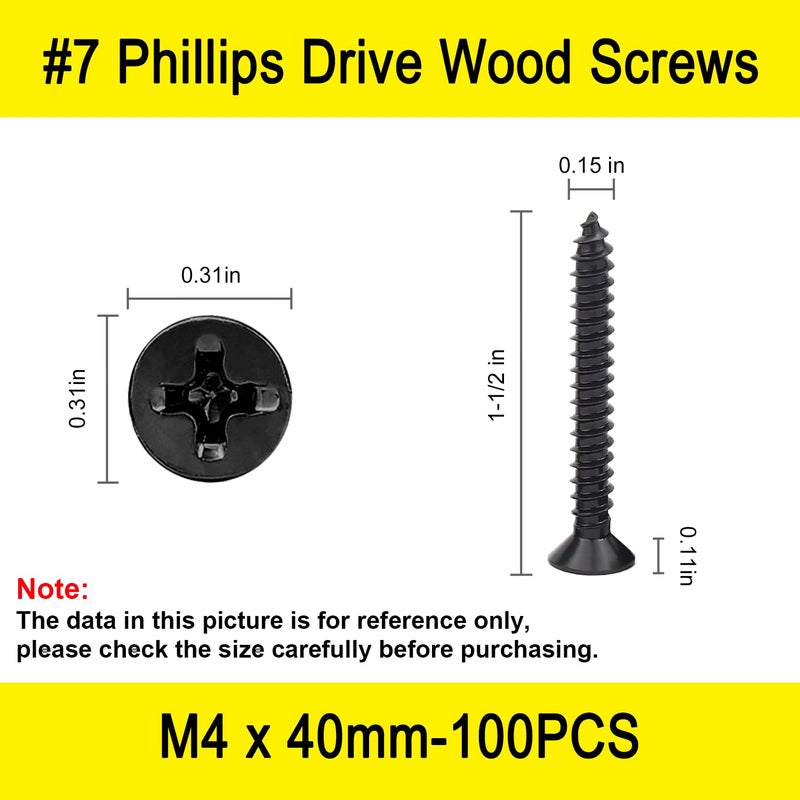 LERNOU 100 Pcs #7 X 1-1/2'' Drywall Screws,Black Wood Screw,Flat Head Phillips Screws Self Tapping Screws Used in Furniture,Woodworking Repairs and DIY Projects（M4 X 40mm） - Image 2